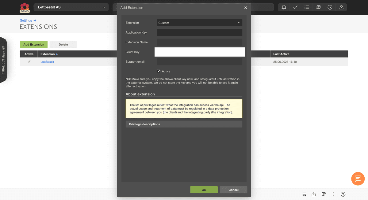 Skjema for egendefinert utvidelse i PowerOffice Go