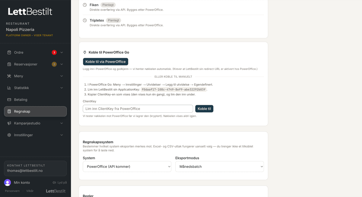 PowerOffice-tilkobling i LettBestilt sitt regnskapsdashboard