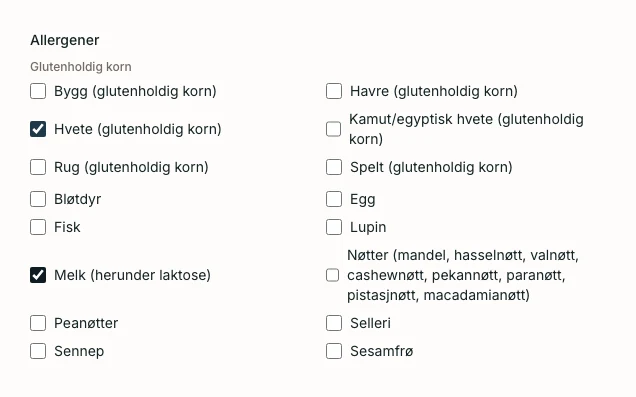 Allergenvalget i produktskjemaet i LettBestilt, med hvete og melk krysset av for en pizza.